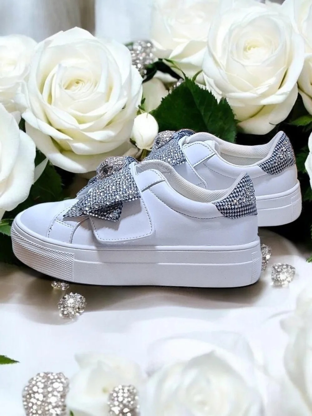 Kurt Geiger White Sneakers with Crystal Bow Embellishment